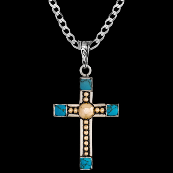 Deuteronomy, German Silver base is 1.6"x2.3" with Jewelers Bronze beads and simulated turquoise, finished with our classic antique.

Chain not included.